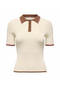 Polo à manches courtes en maille côtelée crème avec col marron, patte de boutonnage et finitions soulignées par des rayures roses sur les manches et les bords du col.