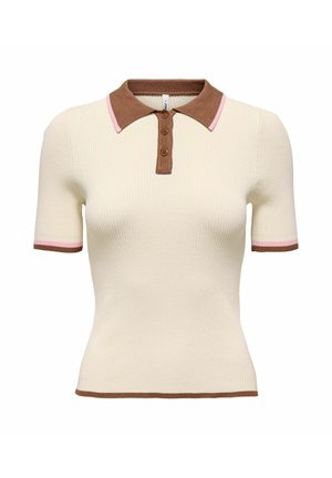 Polo à manches courtes en maille côtelée crème avec col marron, patte de boutonnage et finitions soulignées par des rayures roses sur les manches et les bords du col.