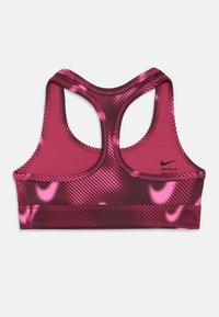 Športová podprsenka Nike s farebným dizajnom v ružovej a marónej farbe, vyrobená z hladkej, elastickej látky. Strih s prekríženými ramienkami a kontrastným prešívaním.