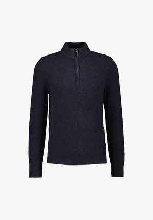 Navyblauer Strickpullover mit hohem Kragen und Halbzipper. Verfügt über lange Ärmel und eine strukturierte Stoffoberfläche für Wärme und Komfort.