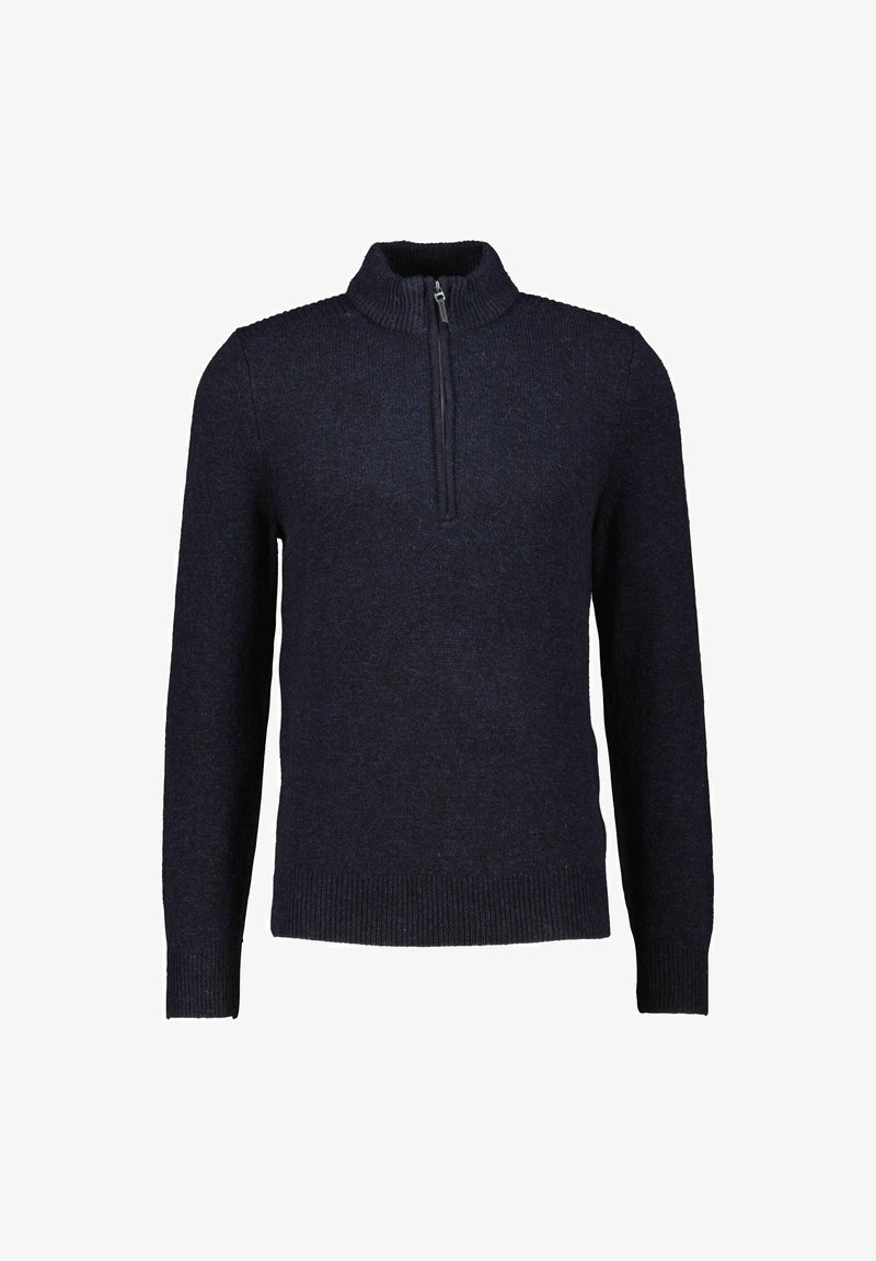 Navyblauer Strickpullover mit hohem Kragen und Halbzipper. Verfügt über lange Ärmel und eine strukturierte Stoffoberfläche für Wärme und Komfort.