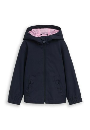 Kinderjacke in Marineblau mit Kapuze, vorderem Reißverschluss, zwei Vordertaschen mit Schleifen und hellrosa Innenfutter an der Kapuze.