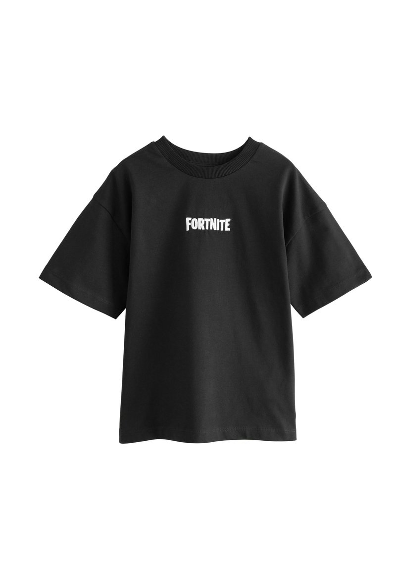 Mustmust värviga puuvillane T-särk lühikeste varrukatega ja ringkraega; esiplaanil on valge "FORTNITE" logo.