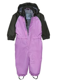 Paarse en zwarte kinderdress voor de sneeuw met elastische manchetten, verstelbare capuchon en een voorrits. Beschikt over een gladde, waterdichte buitenzijde.