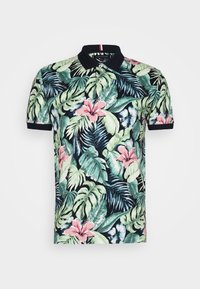 Koszulka polo z krótkim rękawem i granatowym kołnierzem, z nadrukiem tropikalnych liści i kwiatów w zielonym, różowym i niebieskim kolorze na czarnym tle.