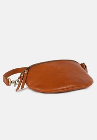 Brown leather crossbody bag with a zip closure, oval shape, flat base, and adjustable strap. Features metal hardware and embossed logo detail.