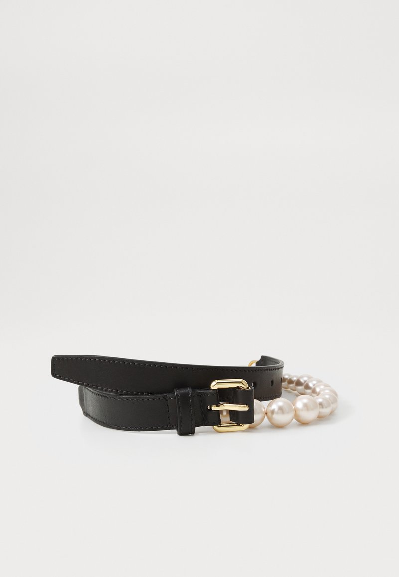 Black leather belt with gold metal buckle; features a strand of large, shiny, light-colored pearls intertwined with the belt.