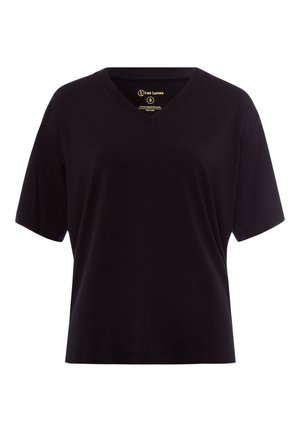 T-shirt noir à col en V avec manches courtes, une coupe décontractée et un tissu doux. L'étiquette intérieure comprend le nom de la marque et les informations de taille.