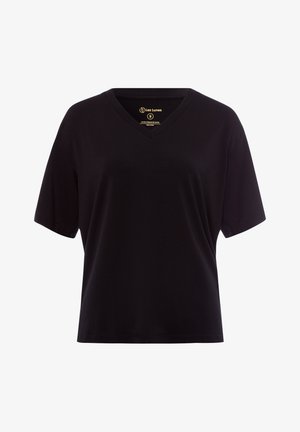 Sort V-hals t-shirt med korte ærmer, en afslappet pasform og blødt stof. Mærket indeni inkluderer brandnavn og størrelsesoplysninger.