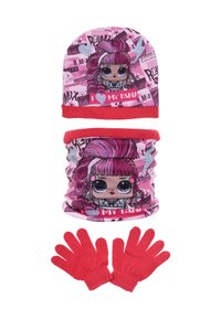 Children's winter set with pink beanie, neck warmer featuring cartoon girl with pink hair, and matching red gloves.