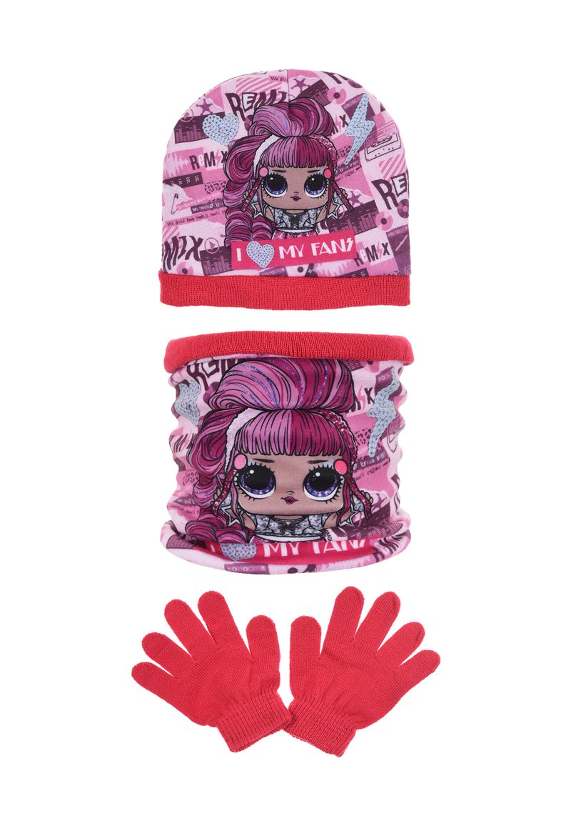 Children's winter set with pink beanie, neck warmer featuring cartoon girl with pink hair, and matching red gloves.