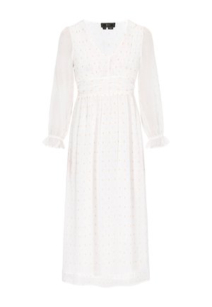 Abito midi bianco con scollo a V, vita arricciata e maniche lunghe a sbuffo. Presenta un sottile motivo a pois con accenti dorati e arancioni.