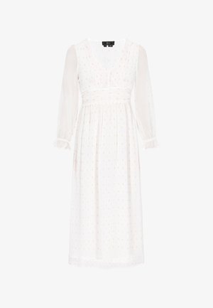 Fehér midi ruha V nyakkal, ráncolt derékkal és hosszú puffolt ujjakkal. Finom pöttyös minta arany és narancs árnyalatokkal.