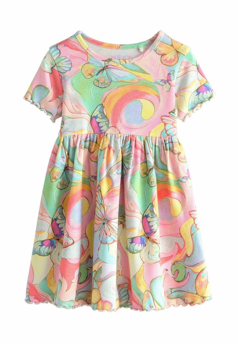 Robe à manches courtes pour fille avec des volutes arc-en-ciel pastel et des imprimés papillons multicolores sur un tissu côtelé doux.