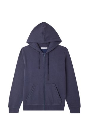 Felpa con zip di colore blu scuro, con tasche frontali, cappuccio con cordino e polsini e orlo a costine, distesa su uno sfondo bianco.