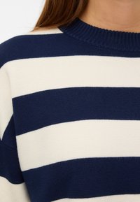 Pull en maille à rayures horizontales bleu marine et blanc avec un col rond côtelé, porté par une personne aux cheveux bruns.