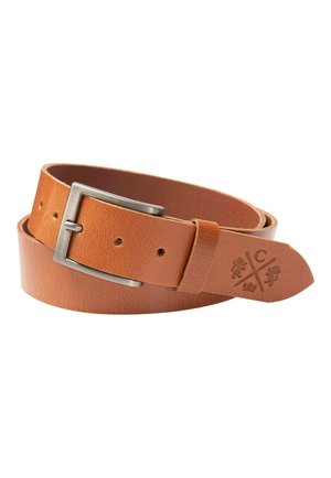 Light brown leather belt rolled up with a silver rectangular buckle and a small embossed design near the pointed end.