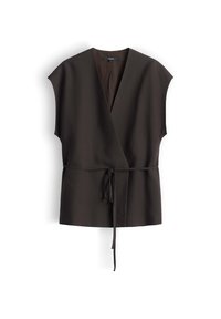 Sleeveless black wrap blouse with V-neck and thin adjustable tie belt at the waist, laid flat on a white background.