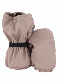 Guanti resistenti all'acqua in un morbido rosa, con polsini elastici e una fascia nera sicura. Texture liscia con un design arrotondato.