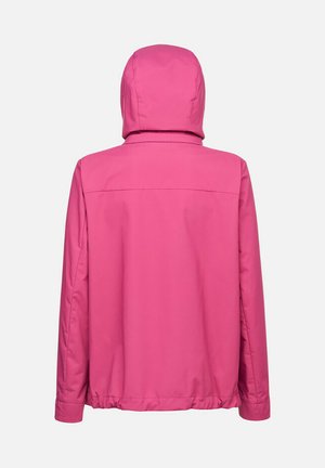 Veste imperméable rose avec capuche, dotée d'une texture lisse, d'une taille élastique et de poignets élastiques, conçue dans un style simple et fonctionnel.