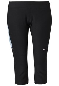 Czarne legginsy capri z jasnoniebieskimi panelami po bokach, elastycznym paskiem w talii oraz małym srebrnym logo na przedniej dolnej części. Wykonane z elastycznego materiału.