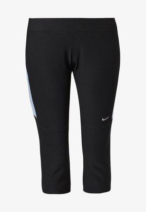 Černé capri legíny s světle modrými bočními panely, elastickým pasem a malým stříbrným logem na dolní přední straně. Vyrobené z elastického materiálu.