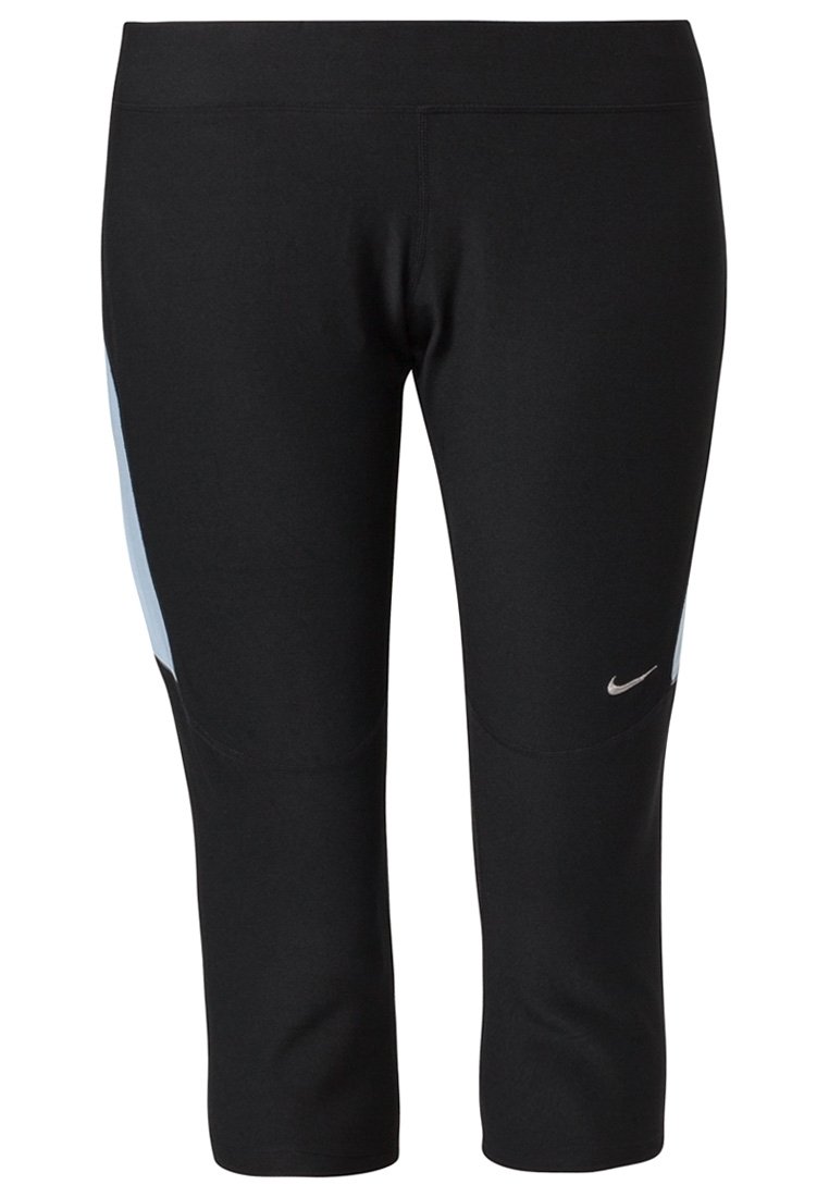 Czarne legginsy capri z jasnoniebieskimi panelami po bokach, elastycznym paskiem w talii oraz małym srebrnym logo na przedniej dolnej części. Wykonane z elastycznego materiału.