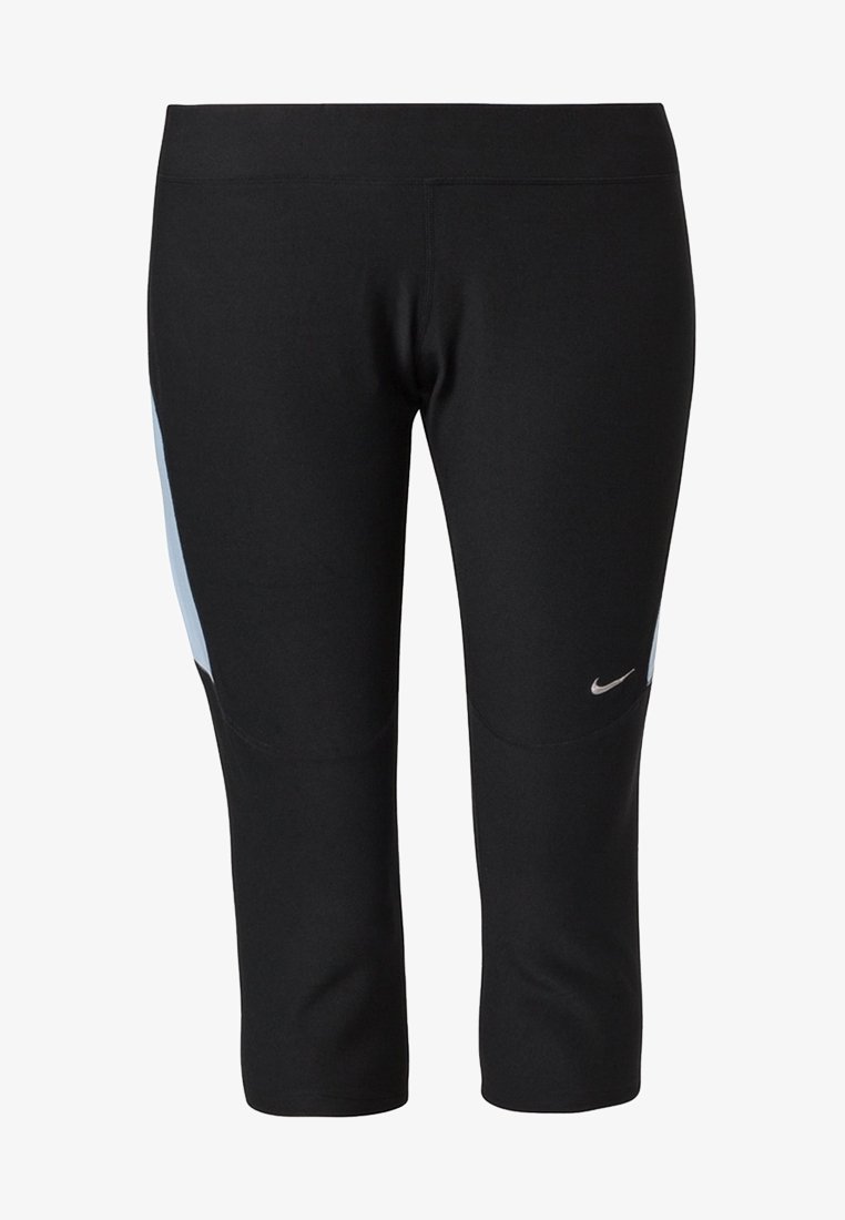 Czarne legginsy capri z jasnoniebieskimi panelami po bokach, elastycznym paskiem w talii oraz małym srebrnym logo na przedniej dolnej części. Wykonane z elastycznego materiału.