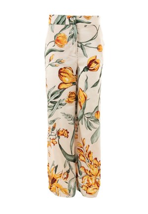 Pantalones anchos de flores en tela crema con grandes patrones de tulipanes amarillos y hojas verdes. Cuenta con un cierre de botón en la cintura.