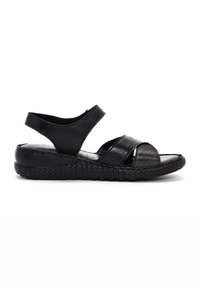 Sandal in pelle nera con tre ampie cinghie, soletta testurizzata e suola intrecciata. Design open toe, retro regolabile per il comfort.
