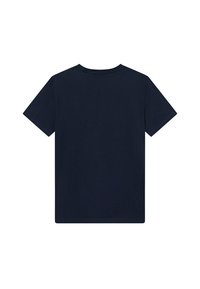 Tumši zili kokvilnas T-kreklis ar klasisko apaļu kaklu un īsām piedurknēm, kam ir vienkrāsaina virsma un gluda tekstūra, bez rakstiem vai akcentiem.