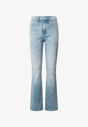 Heledad sinine, kõrge vöökohaga laienev teksapüks, valmistatud denimist. Omab klassikalist viie tasku disaini ja õrna pleekimist põlve piirkonnas.