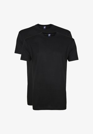 Zwarte katoenen t-shirts in een verpakking van twee. Korte mouwen, ronde hals, gladde textuur, geen zichtbare patronen of afbeeldingen.
