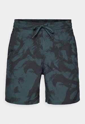 Dark green swim shorts featuring a textured abstract pattern, elastic waistband with drawstring, and side pockets.