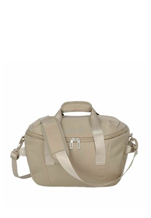 Borsa da viaggio beige a soffietto con scomparto principale con cerniera, tracolla imbottita e due manici per il trasporto.