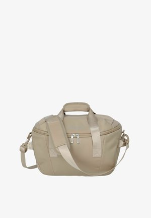 Beige soft-sided duffle bag with zippered main compartment, padded shoulder strap, and two carry handles.