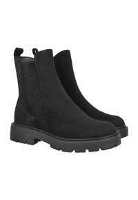 Botines de ante negros con paneles laterales elásticos, punta redonda y suela de goma texturizada con tacos profundos para mejorar la tracción.