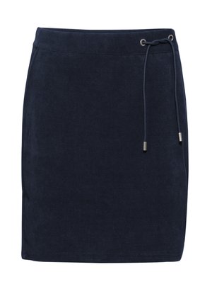 Mörkblå kjol med mjuk textur, med dragsnöre i midjan och metallaccenter på dragsnörets ändar. Enkel, rak skärning.