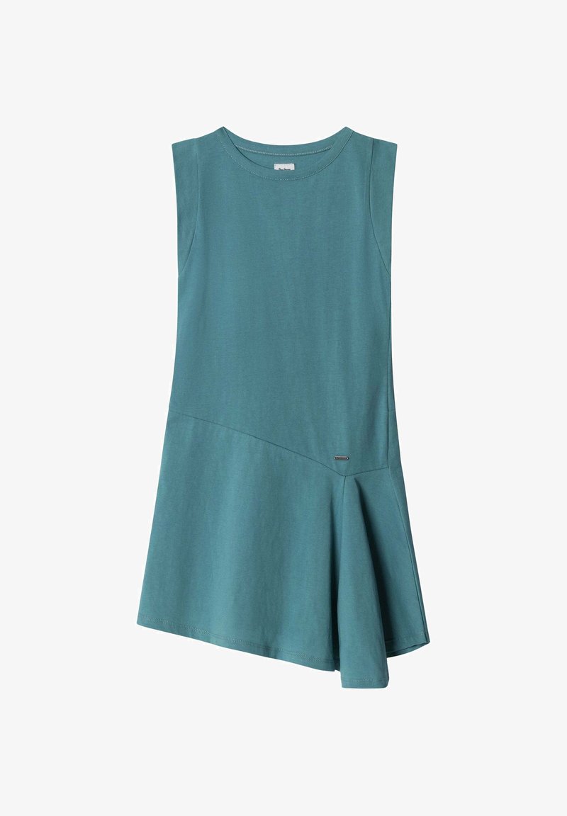 Bezrekawowa sukienka w kolorze zielononiebieskim wykonana z miękkiego materiału, z asymetrycznym dołem, zaokrąglonym dekoltem i małym detalem z metalu w okolicy talii.