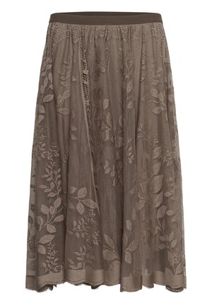 Jupe marron arrivant aux genoux avec superposition de dentelle florale et taille élastique sur fond blanc.