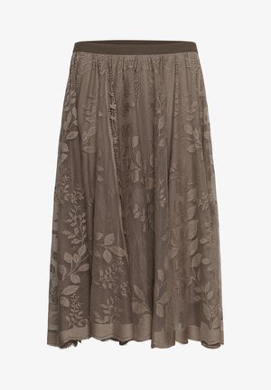 Jupe marron arrivant aux genoux avec superposition de dentelle florale et taille élastique sur fond blanc.