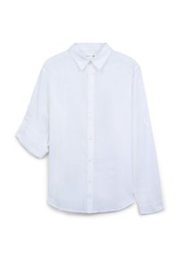Camicia bianca con bottoni realizzata in tessuto leggero. Presenta un colletto classico, maniche lunghe con polsini arrotolati e un orlo dritto. Taglia XL.