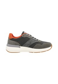 Men's sneaker with a gray suede and mesh upper; features a contrasting orange heel and gray accents, set on a white rubber sole.