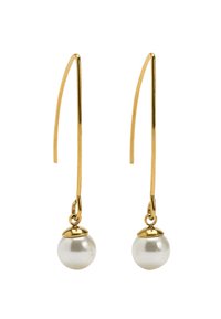 Kolczyki w kolorze złotym z długimi haczykami i pojedynczą białą perłą u dołu, o gładkiej, błyszczącej fakturze i minimalistycznym wzornictwie.
