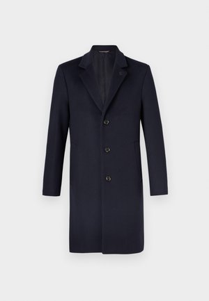 Granatowy wełniany płaszcz z kołnierzem z wycięciem, czterema guzikami, bocznymi kieszeniami i gładką fakturą; dopasowany dla smukłej sylwetki.