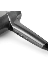 Sèche-cheveux au design élégant en plastique noir et gris, avec une poignée lisse, trois boutons de contrôle et une zone de prise texturée.