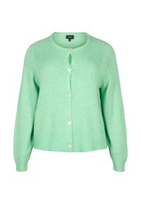 Zelený pletený cardigan vyrobený z měkkého materiálu, s kulatým výstřihem, dlouhými rukávy, šesti knoflíkovým zapínáním a žebrovaným lemem.