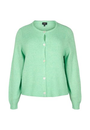 Zelený pletený cardigan vyrobený z měkkého materiálu, s kulatým výstřihem, dlouhými rukávy, šesti knoflíkovým zapínáním a žebrovaným lemem.