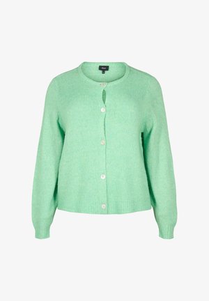 Roheline kudumisega kardigan, mis on valmistatud pehmest materjalist, ümarate kaelustega, pikkade varrukatega, kuue nööbiga ning ribakaartega allääres.