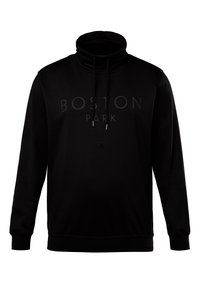 Černá mikina s vysokým límcem a šňůrkami. Na přední straně se nachází nápis "BOSTON PARK" v kontrastním tmavém tisku.